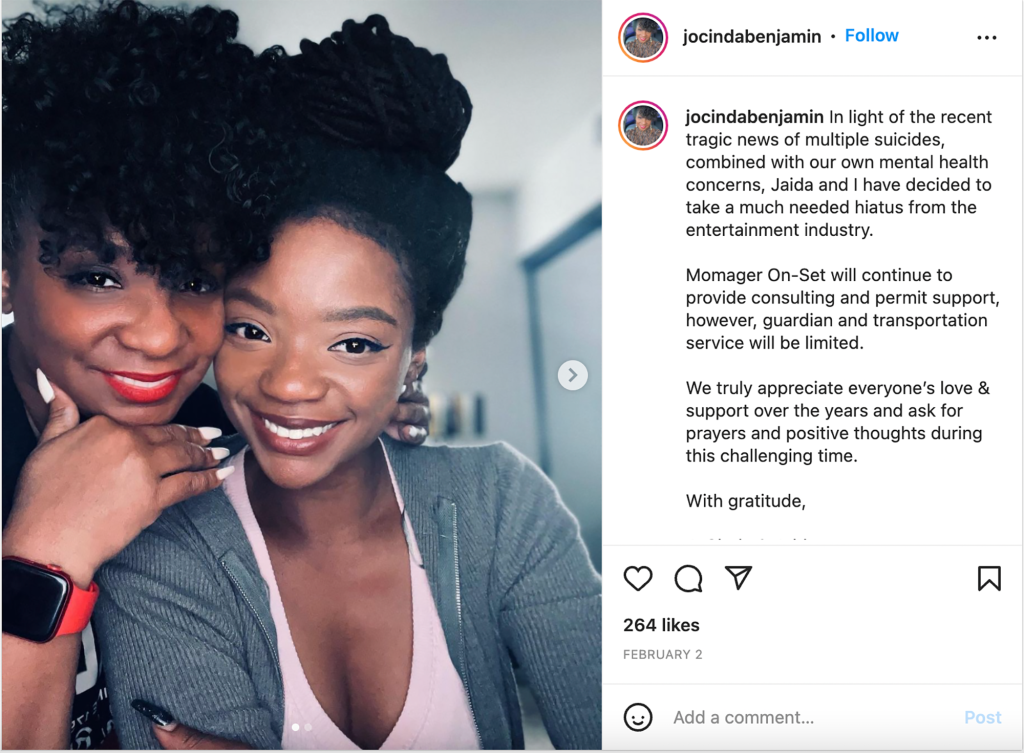 Awal bulan ini, Jocinda memposting pesan terbuka di Instagram yang merinci niat Jaida untuk istirahat dari dunia hiburan.