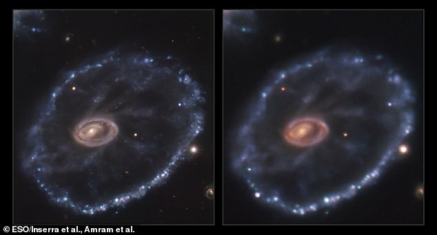 Para astronom telah menangkap momen sebuah bintang, 500 juta tahun cahaya dari Bumi, meledak dalam supernova yang dramatis, menandai akhir hidupnya.  Gambar kiri dari 2014 sebelum ledakan, dan kanan dari 2021, dengan ledakan di kanan bawah