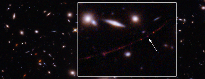 Tampilan jarak dakat dari rantai objek bertitik merah dalam kumpulan galaksi dan bintang.