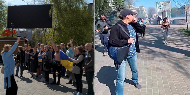 Orang-orang terlihat melarikan diri dari demonstrasi di Kherson pada hari Rabu, 27 April.