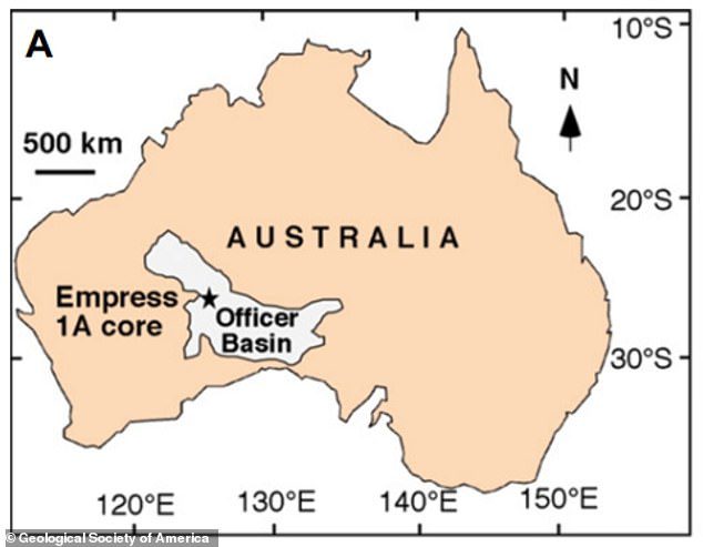 Peta Australia dengan perkiraan lokasi inti Permaisuri 1A (bintang hitam), tempat kristal halit ditambang dari