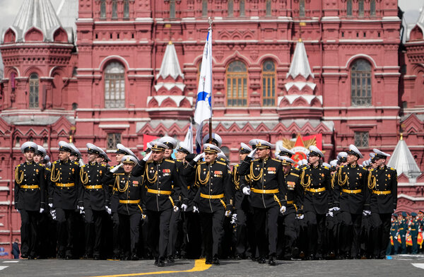 Russian troops marched in a Victory Day parade in Moscow’s Red Square on Monday.