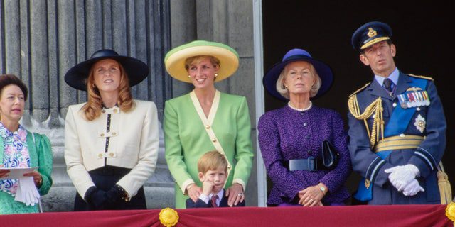 Putri Margaret, Sarah, Putri Diana bersama Pangeran Harry, Catherine, Duchess of Kent, dan Pangeran Edward, sebagai anggota keluarga kerajaan menyaksikan saat mereka terbang melewati.  Pangeran Harry berdiri bersama ibunya.