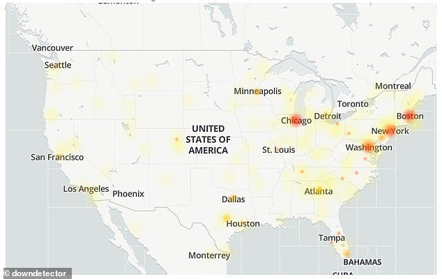 AS juga tampaknya memiliki masalah, dengan New York, Chicago, Washington, dan Boston disorot sebagai hotspot di peta Downdetector.