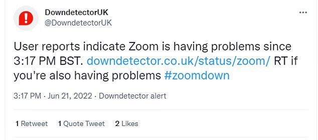 Downdetector UK men-tweet berita bahwa Zoom mengalami masalah melalui akun Twitter resminya