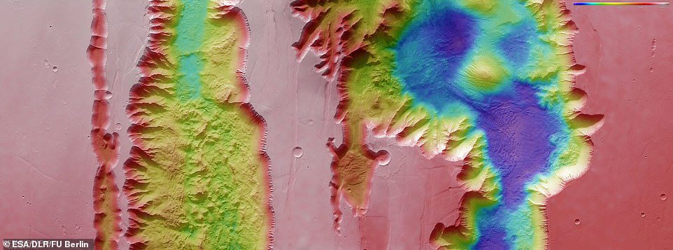 Gambar di atas: gambar topografi berkode warna yang menunjukkan Ius dan Tithonium Chasmata, yang merupakan bagian dari struktur Ngarai Valles Marineris di Mars, dibuat dari data yang dikumpulkan oleh Mars Express milik ESA.