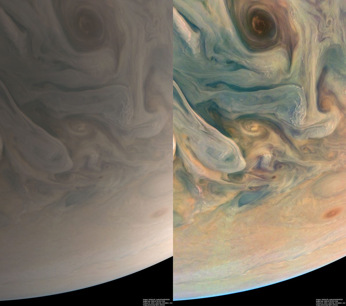 Di sebelah kiri adalah Jupiter versi krem ​​​​lembut.  Di sebelah kanan adalah gambar yang sama, kecuali untuk nuansa biru, oranye dan kuning.