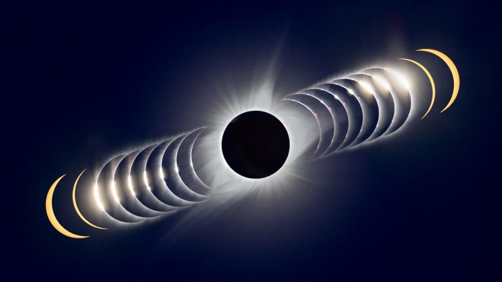 Sequence of total solar eclipse shows the sun disappearing behind the advancing moon and then remerging again.
