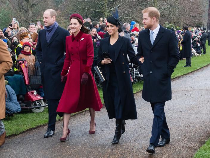 Pangeran William, Kate Middleton, Meghan Markle, dan Pangeran Harry mengunjungi Sandringham pada tahun 2018.