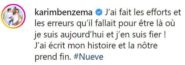 Benzema mengumumkan keputusannya di Instagram pada Senin sore